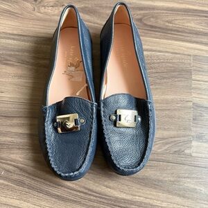 kate spade Black Pebbled Leather Loafers with Gold Turnlock